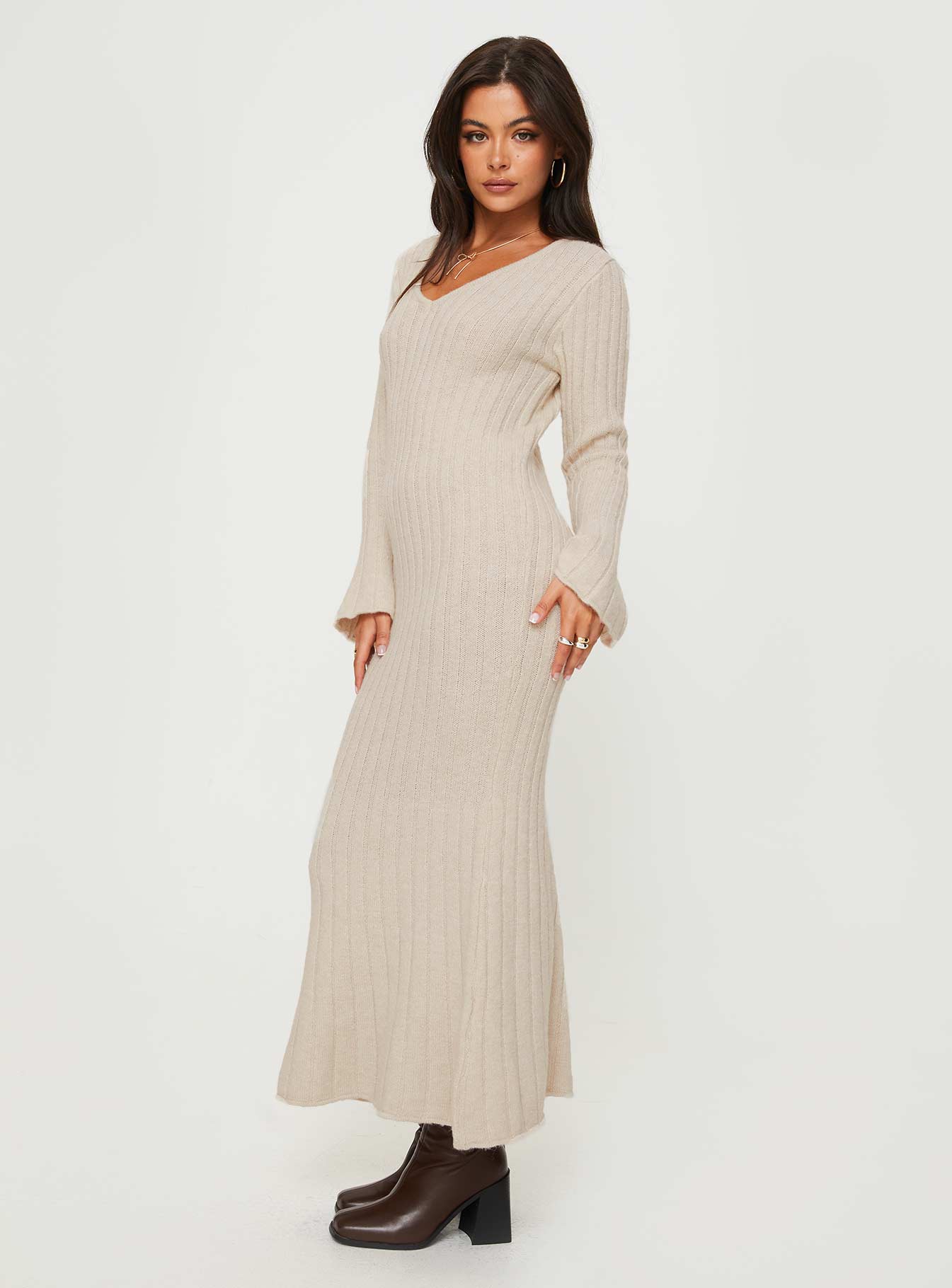product Princess Polly High Neck  Larne Long Sleeve Maxi Dress Beige