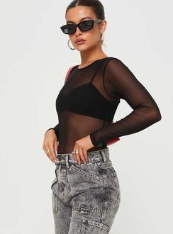side view of model wearing Princess Polly Minsky Long Sleeve Mesh Bodysuit Black Full Sleeves 