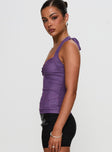 side view of model wearing Princess Polly Clovah Halter Top Purple Sleeveless Sweetheart 