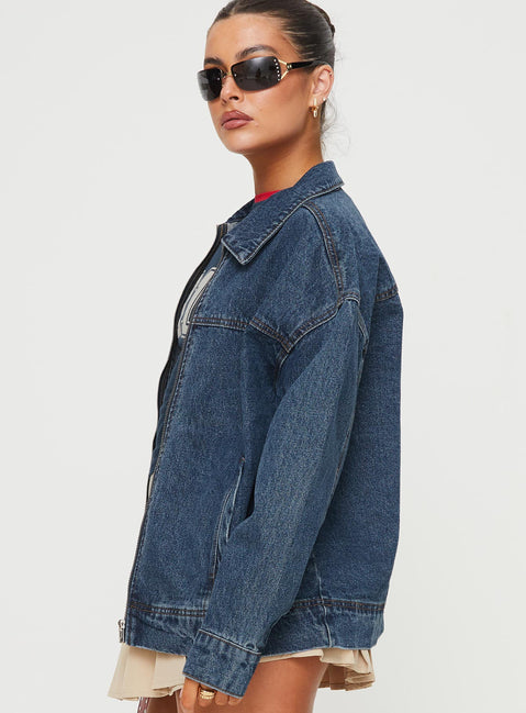 Denim bomber jacket Pointed collar, zip fastening down front, twin hip pockets, single button cuff