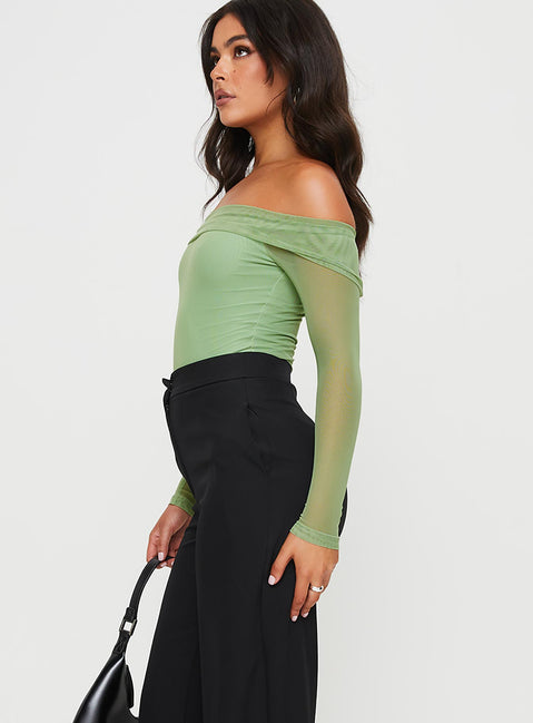 side view of model wearing Princess Polly Doza Off The Shoulder Bodysuit Green Full Sleeves straight 