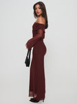 side view of model wearing Princess Polly Consideration Maxi Dress Chocolate Straight Neck 