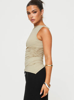 side view of model wearing Princess Polly Jassie Top Beige Sleeveless Asymmetric Neckline 