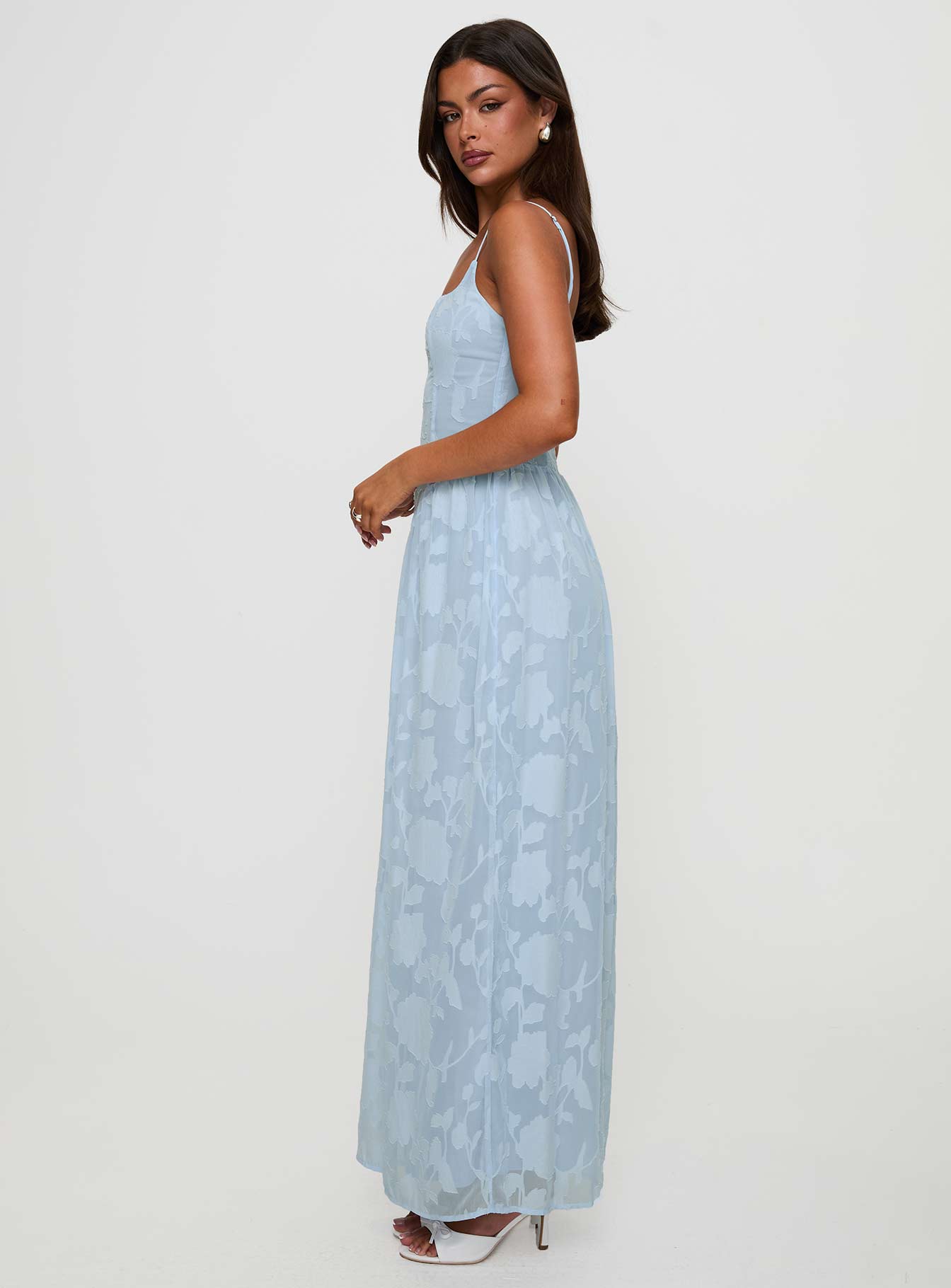 side view of model wearing Princess Polly Angeleina Maxi Dress Blue Floral Square Neck 