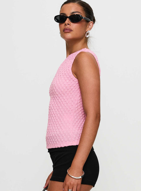 side view of model wearing Princess Polly Goodnight And Go Textured Top Pink Sleeveless Crew Neck 