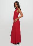 side view of model wearing Princess Polly Lewisa Maxi Dress Red Boat Neck 