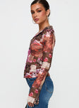 side view of model wearing Princess Polly Maribou Long Sleeve Top Multi Full Sleeves V-Neck 