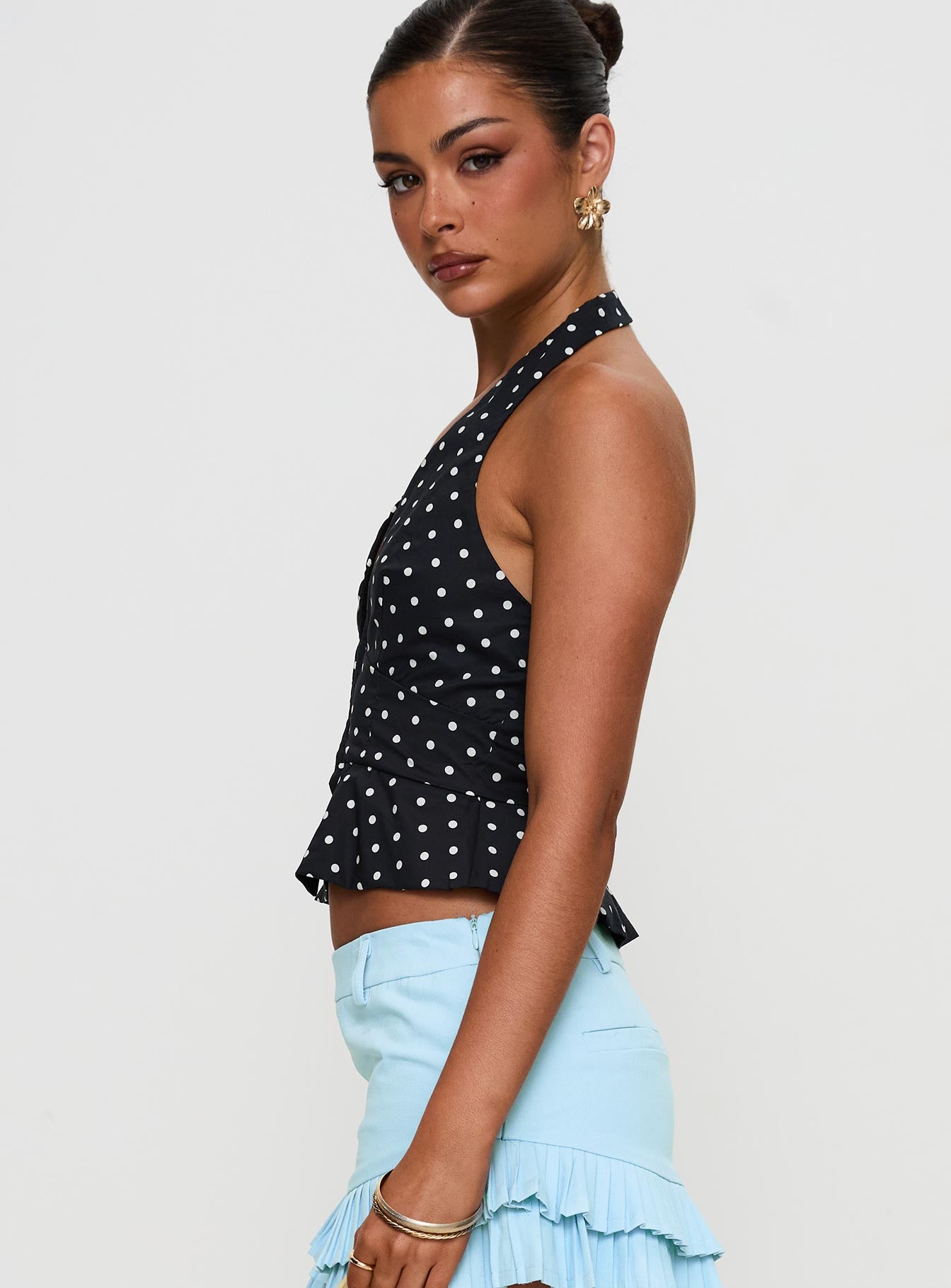 side view of model wearing Princess Polly Pleasing Top Polka Dot Sleeveless Plunger 