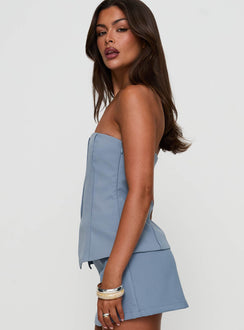 side view of model wearing Princess Polly Lavish Living Strapless Top Blue Sleeveless straight 