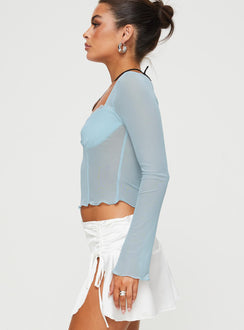 side view of model wearing Princess Polly Judeth Long Sleeve Top Blue Full Sleeves Sweetheart 
