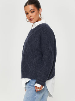 side view of model wearing Princess Polly Canlish Cable Knit Sweater Navy Cropped 