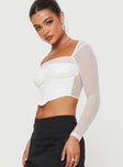 Long sleeve top  Square neckline, sheer mesh material, ruched detail at bust  Good stretch, lined body 