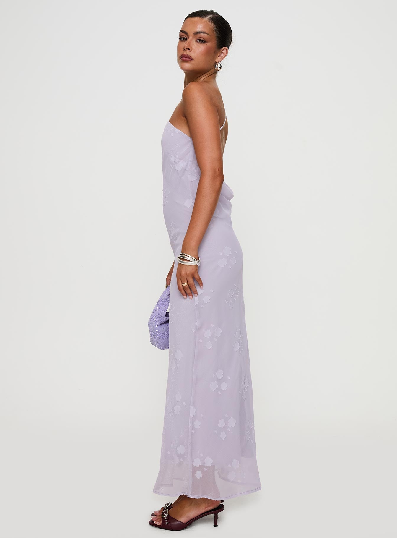 side view of model wearing Princess Polly Jazmira One Shoulder Maxi Dress Lilac Asymmetric Neckline 