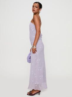 side view of model wearing Princess Polly Jazmira One Shoulder Maxi Dress Lilac Asymmetric Neckline 