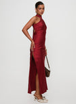 side view of model wearing Princess Polly Mordecai Halter Maxi Dress Burgundy High Neck 