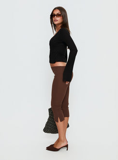 side view of model wearing Princess Polly Baseline Rib Capri Pants Chocolate Mid Rise Pants 