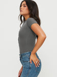 side view of model wearing Princess Polly Kandis Bodysuit Marle Grey Short Sleeves V-Neck 