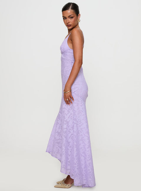 side view of model wearing Princess Polly Cyrene Maxi Dress Lilac Plunger 
