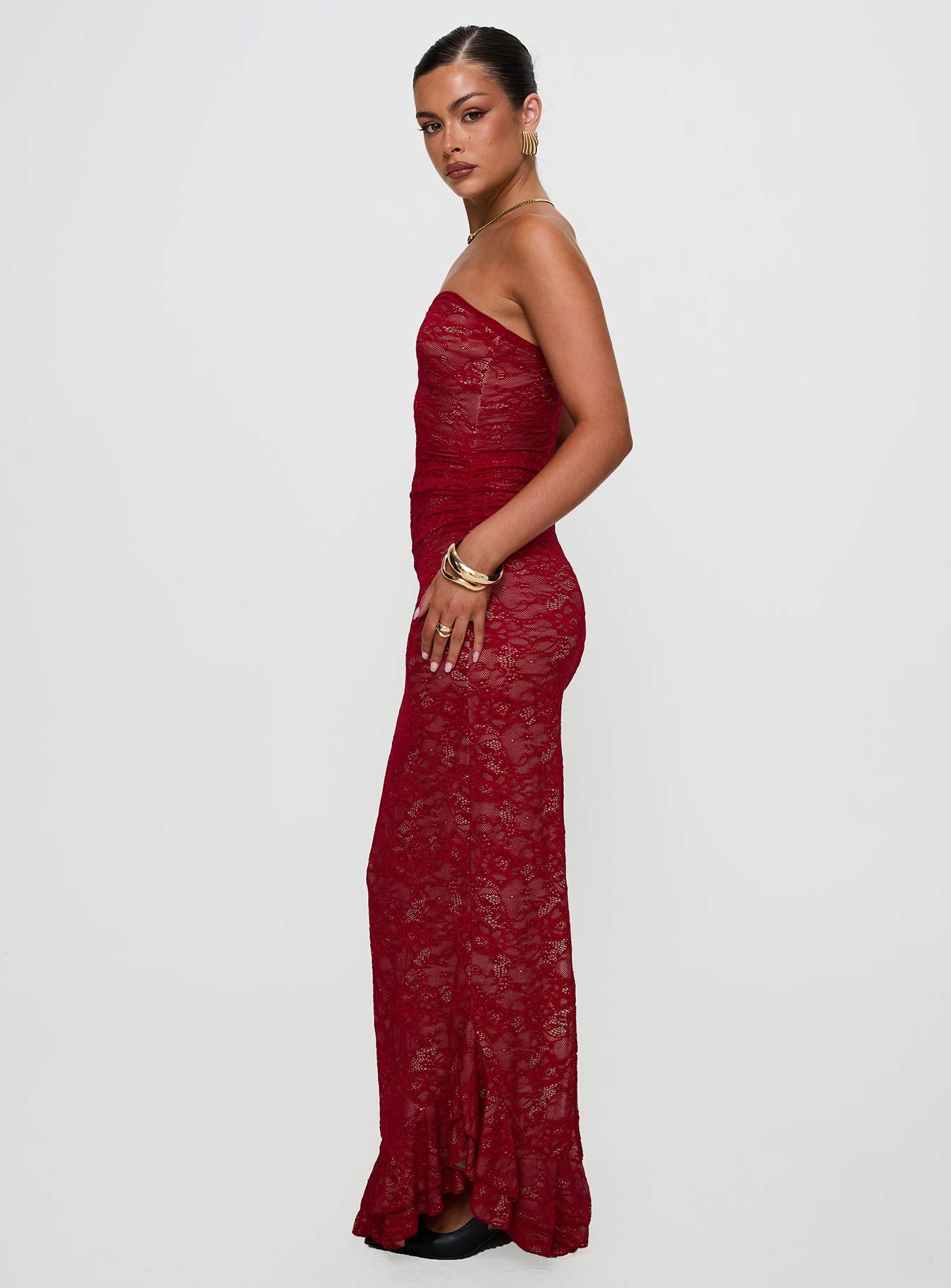 side view of model wearing Princess Polly Hailees Lace Strapless Maxi Dress Red Sweetheart Neckline 