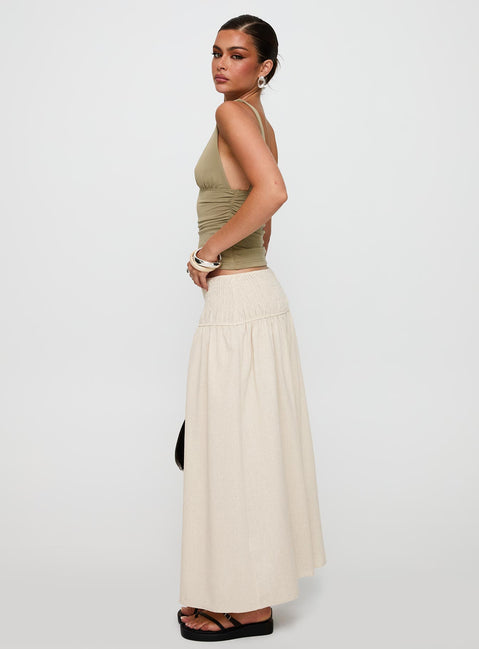   side view of model wearing Princess Polly Small Towns Shirred Midi Skirt Beige Maxi 