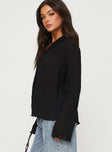 Long sleeve shirt Relaxed fit, plisse material, classic collar, sheer, lettuce edge on sleeves & hem, button fastening at front