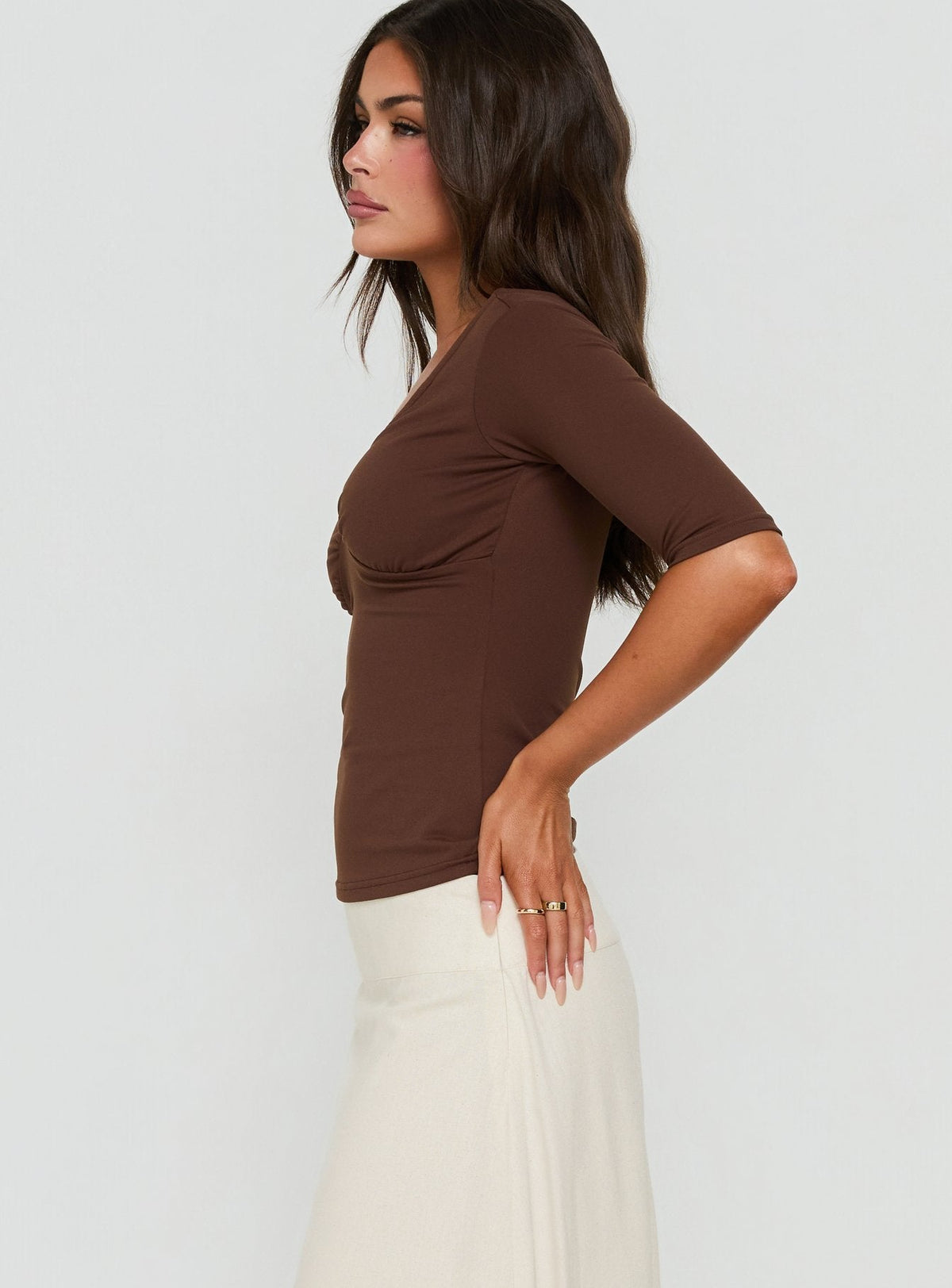 Daily Define Off Shoulder V Neck Top Brown