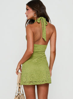 Nataliana Lace Halter Mini Dress Chartreuse
