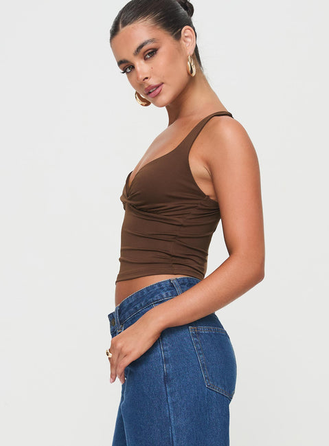 side view of model wearing Princess Polly Wandella Tank Brown Sleeveless Sweetheart 