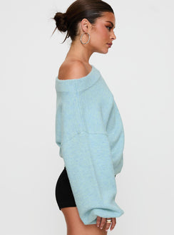 side view of model wearing Princess Polly Noble Off The Shoulder Jumper Blue 