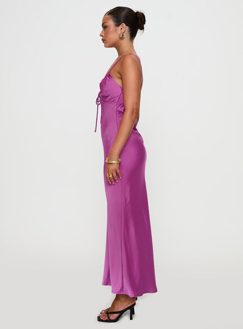 side view of model wearing Princess Polly Maguire Maxi Dress Purple Plunger 