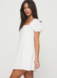 side view of model wearing Princess Polly Beyond Linen Blend Mini Dress White Square Neck 