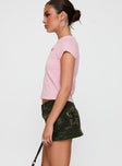 side view of model wearing Princess Polly Dodger Micro Skort Camouflage Low Rise Shorts 