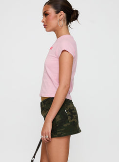 side view of model wearing Princess Polly Dodger Micro Skort Camouflage Low Rise Shorts 