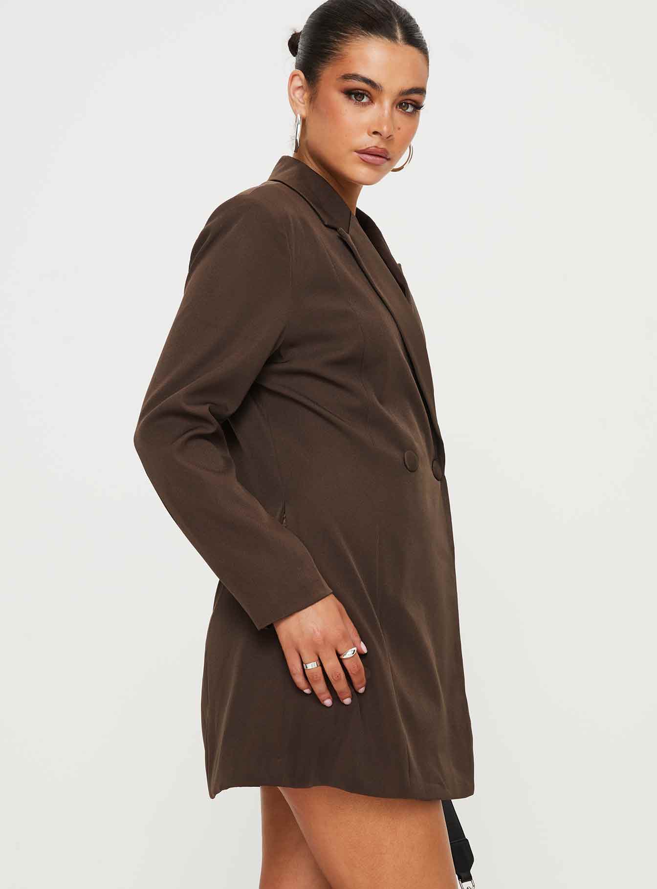 Front view of model wearing  front Princess Polly High Neck  Simu Blazer Mini Dress Chocolate