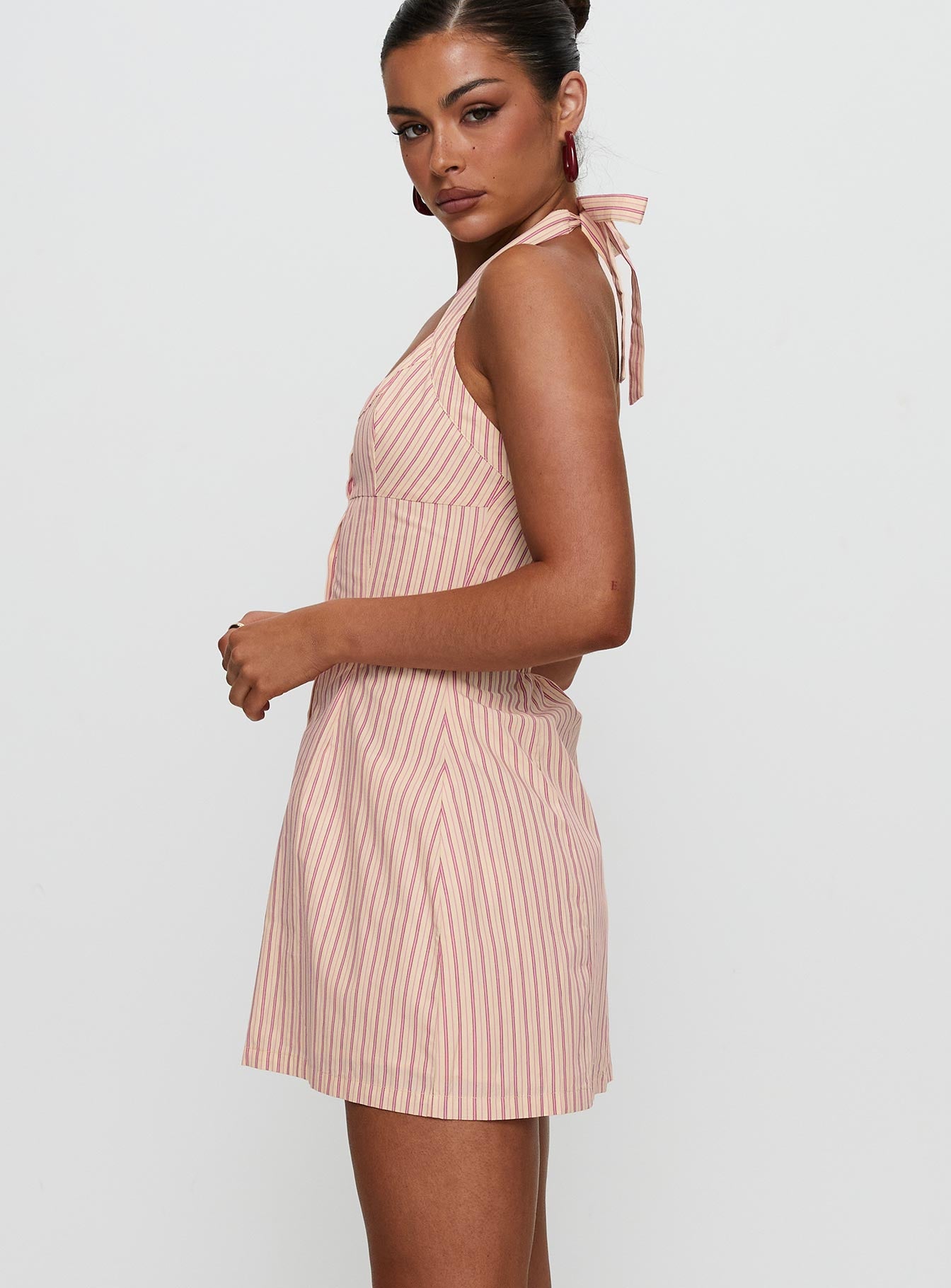 side view of model wearing Princess Polly Mallorie Halter Mini Dress Pink Stripe Scoop Neck 