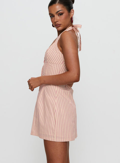 side view of model wearing Princess Polly Mallorie Halter Mini Dress Pink Stripe Scoop Neck 