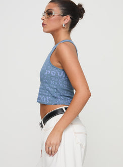side view of model wearing Princess Polly Abdiel Top Blue Sleeveless Crew Neck 