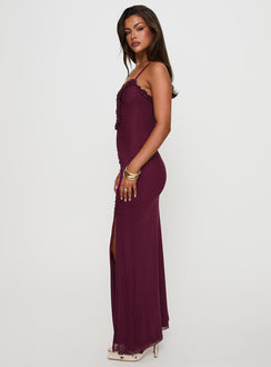 side view of model wearing Princess Polly Soulina Ruched Maxi Dress Purple Sweetheart Neckline 