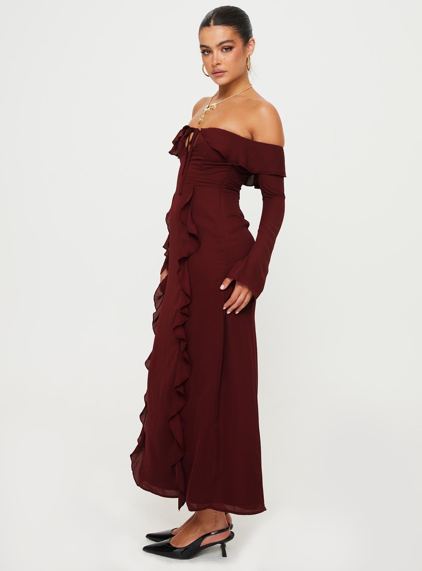product Princess Polly Asymmetric Neckline  Molins Off The Shoulder Maxi Dress Burgundy