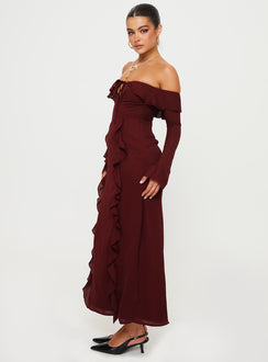 product Princess Polly Asymmetric Neckline  Molins Off The Shoulder Maxi Dress Burgundy