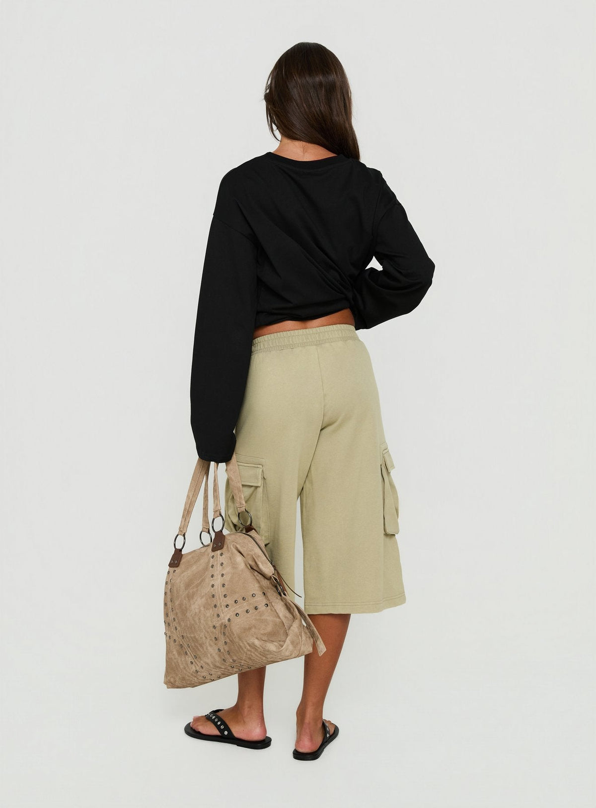Harleah Wide Cargo Fleece Shorts Khaki