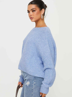 side view of model wearing Princess Polly Ramy Sweater Blue Cropped 