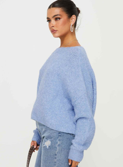 side view of model wearing Princess Polly Ramy Sweater Blue Cropped 