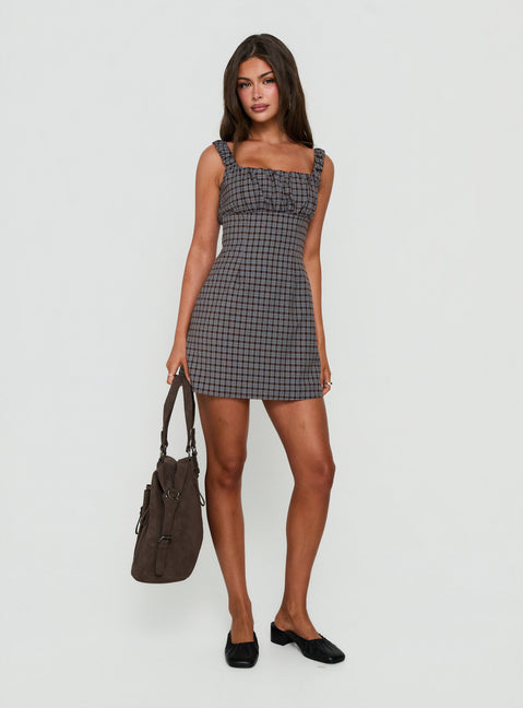 Donnamarie besticktes Minikleid mit braunem Karomuster
