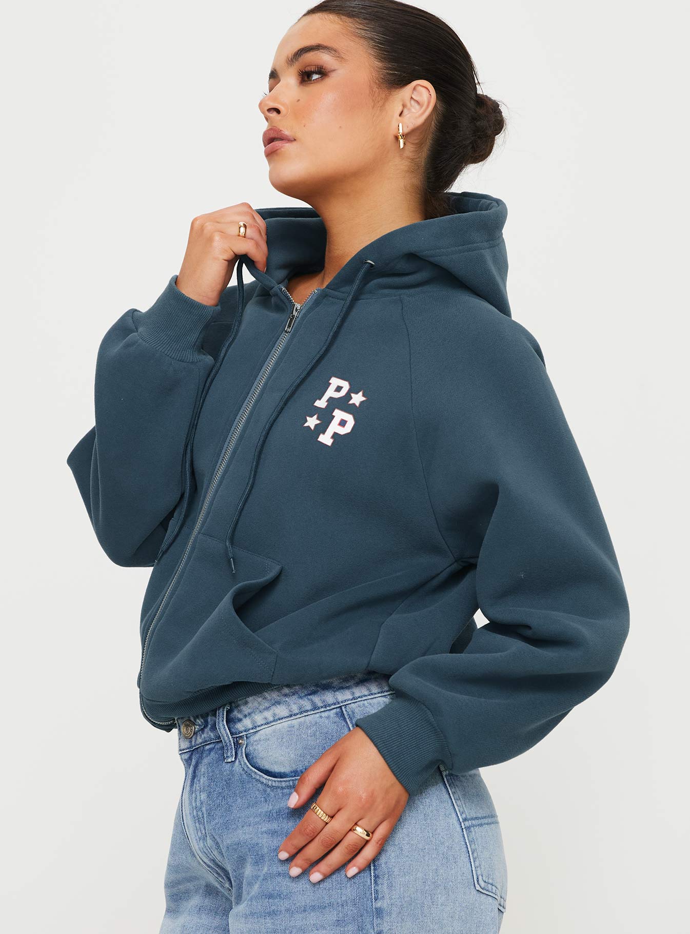 Princess Polly Zip Up Hooded Sweatshirt Navy/Red Princess Polly  Cropped 