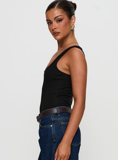 side view of model wearing Princess Polly Baseline Rib Bodysuit Black Sleeveless 