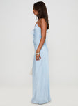 side view of model wearing Princess Polly Linger Bias Cut Maxi Dress Blue V-Neck 