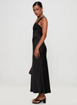 side view of model wearing Princess Polly Radioactive Bias Cut Maxi Dress Black Square Neck 