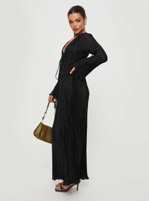 Front view of model wearing  front Princess Polly High Neck High Neck High Neck  Russek Long Sleeve Maxi Dress Black