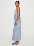 side view of model wearing Princess Polly Treasure Bias Cut Maxi Dress Blue V-Neck 